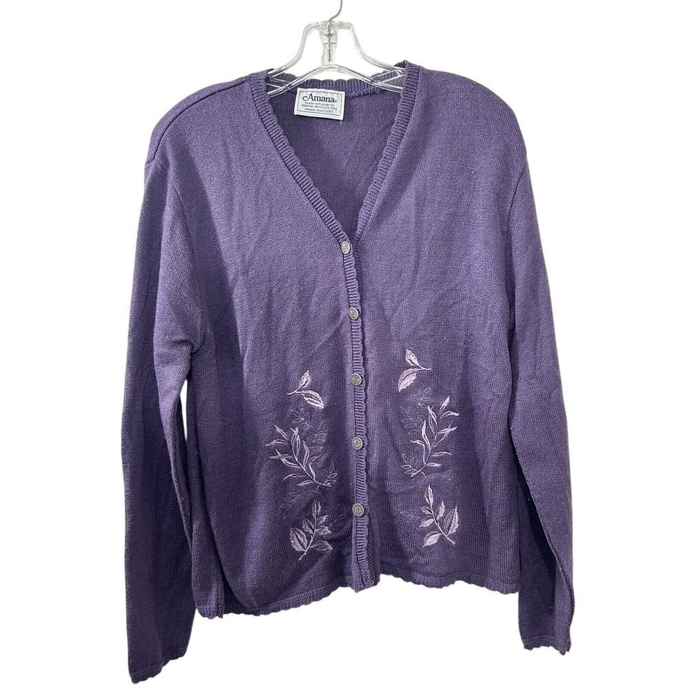 Amana Woolen Mill Purple Floral Embroidered V-Neck Button Front Cardigan Sweater